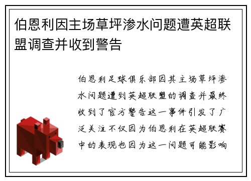 伯恩利因主场草坪渗水问题遭英超联盟调查并收到警告